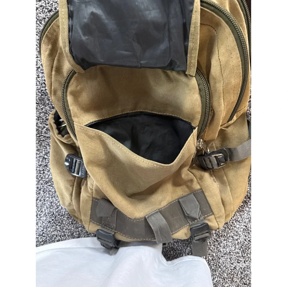 Vintage Ludandan Tan Canvas Backpack Rugged Outdoor Hiking Daypack Khaki